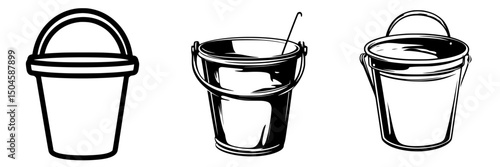 Icon set featuring varying designs of buckets in simple, minimalistic style with clear outlines and distinct shapes