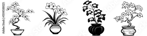 Elegant icon set showcasing various floral arrangements in decorative pots and vases for design purposes