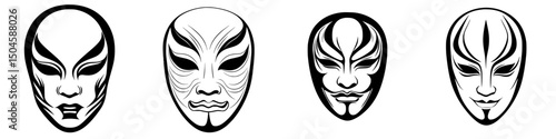 Collection of black and white icon set featuring various stylized masks representing different emotions or cultural references