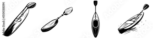 Icon set depicting various kayak designs and paddle styles for outdoor sports and water activities