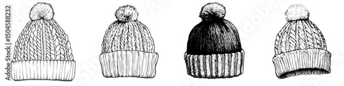 Icon set displaying various styles of knitted beanies and winter hats suitable for cold weather fashion