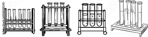 Icon set of laboratory test tubes in various styles and designs showcasing scientific equipment for educational use