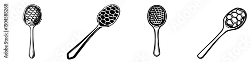 Icon set featuring various honey dipper designs with unique shapes and patterns suitable for culinary applications