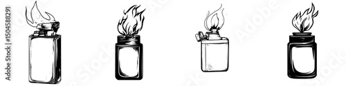 Icon set featuring four distinct lighter designs with flames in a minimalist sketch style for creative projects