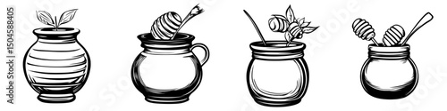 Collection of honey jars with decorative elements showcasing natural ingredients and artful design