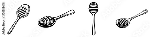 Icon set featuring honey drippers in various styles and perspectives for design projects