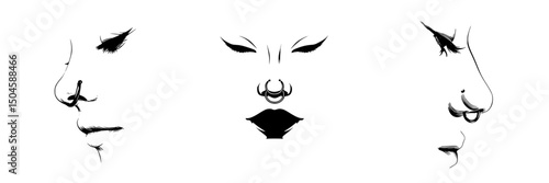 Icon set showcasing diverse facial profiles with unique nose piercings and artistic details in minimalist black design