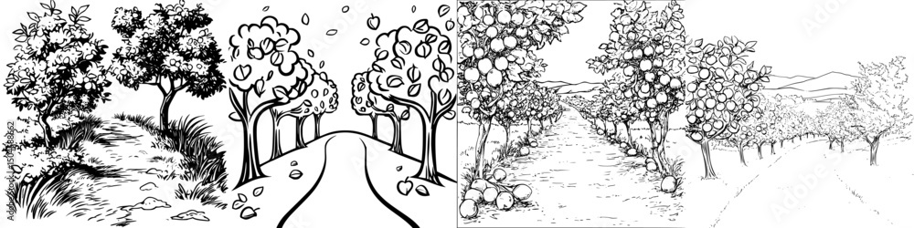 Obraz premium Detailed icon set featuring trees, pathways, and scenic views in a natural environment suitable for various design projects