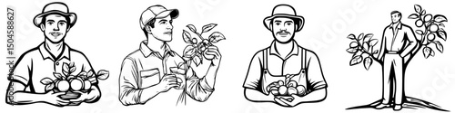 Detailed icon set depicting men engaged in agricultural activities with fruits, showcasing farming skills and techniques