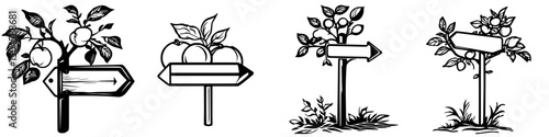 Icon set depicting various directional signs with fruit illustrations on branches in a minimalist style