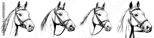 Icon set featuring detailed headshots of horses in various perspectives for use in digital and print designs
