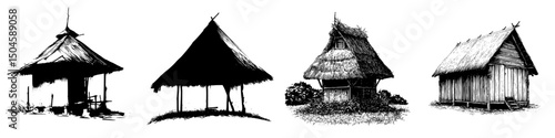 Collection of traditional hut icons showcasing diverse architectural styles in simple black and white illustrations