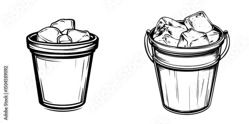 Icon set of two buckets filled with ice cubes for graphic design and illustration purposes