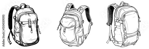 Collection of detailed backpack icons showcasing various designs and features for outdoor activities and everyday use