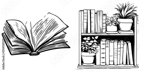 Icon set showcasing an open book and a bookshelf filled with plants and various books