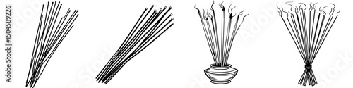 Icon set featuring various incense sticks in different arrangements and settings
