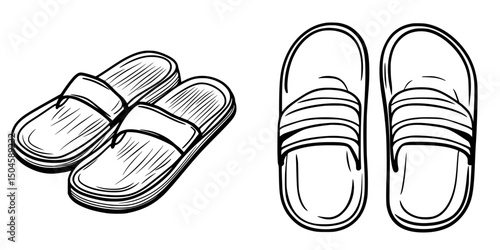 Collection of footwear with two pairs of sandals designed in a minimalistic outline style for various uses and occasions