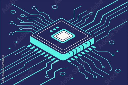 Isometric Glowing Microchip Vector Circuit Design