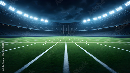 Night football stadium empty green field and bright lights