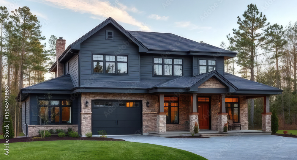 Luxurious new construction home, modern style home with lights on the front porch one car garage, black/brown siding natural stone wall with
blue sky in the afternoon. Luxurious new construction home, modern style home with lights on the front porch one car garage, black/brown siding natural stone wall with
blue sky in the afternoon.