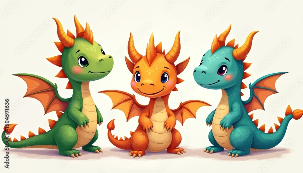 Naklejka premium Illustration of three adorable, colorful dragons. Cute cartoon characters with green, orange, blue scales. Joyful fantasy art, perfect children illustration, suitable for kids books, animation,