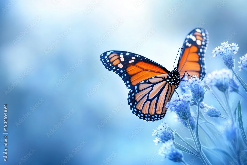 Obraz premium A monarch butterfly rests on delicate blue flowers, wings spread in a soft, dreamy light.
