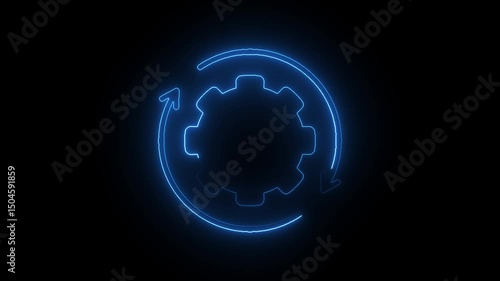 Operating system upgrade concept, software updating and process . Glowing neon gear setting icon animation on black background.