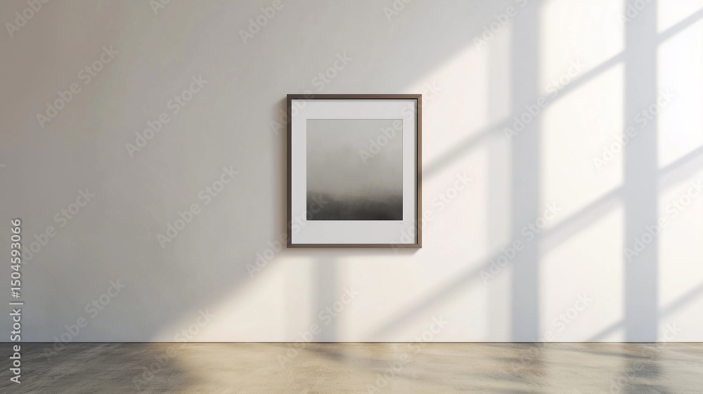 Square framed abstract art on a white wall with window light casting shadows in a modern interior space Square framed abstract art on a white wall with window light casting shadows in a modern interior space