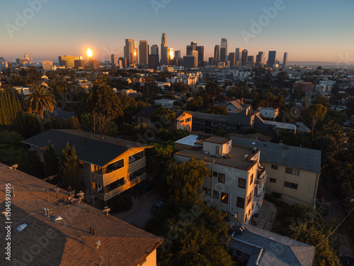 Aerial View of Los Angeles at Sunset – Residential Area with Downtown Skyline and Echo Park