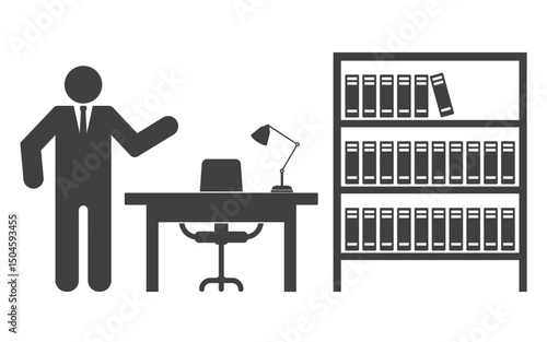 businessman in office near table with wheel chair and bookshelf icon