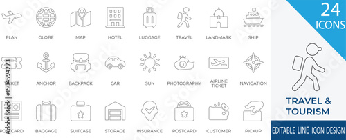 A clean and modern line icon set tailored for travel and tourism themes. Features essential travel elements such as plane, passport, globe, luggage, hotel, ticket, and navigation.