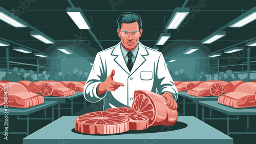 A Flat Illustration Depicting Meat Inspection in a Modern Factory Setting