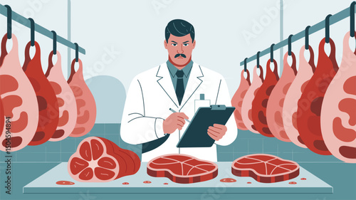 Meat Inspection A Flat Illustration of a Food Safety Inspector Examining Meat