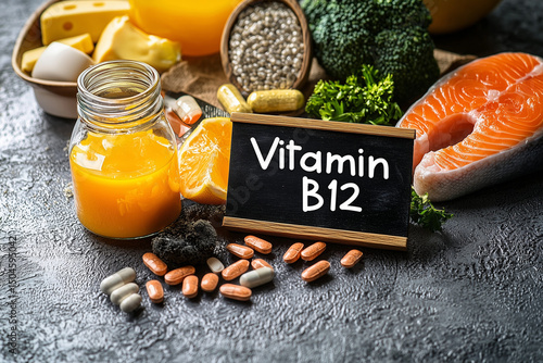 Wallpaper Mural Healthy Foods Rich in Vitamin B12 with Wooden Sign Labeled "Vitamin B12" Torontodigital.ca