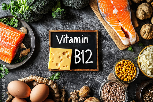 Healthy Foods Rich in Vitamin B12 with Wooden Sign Labeled 