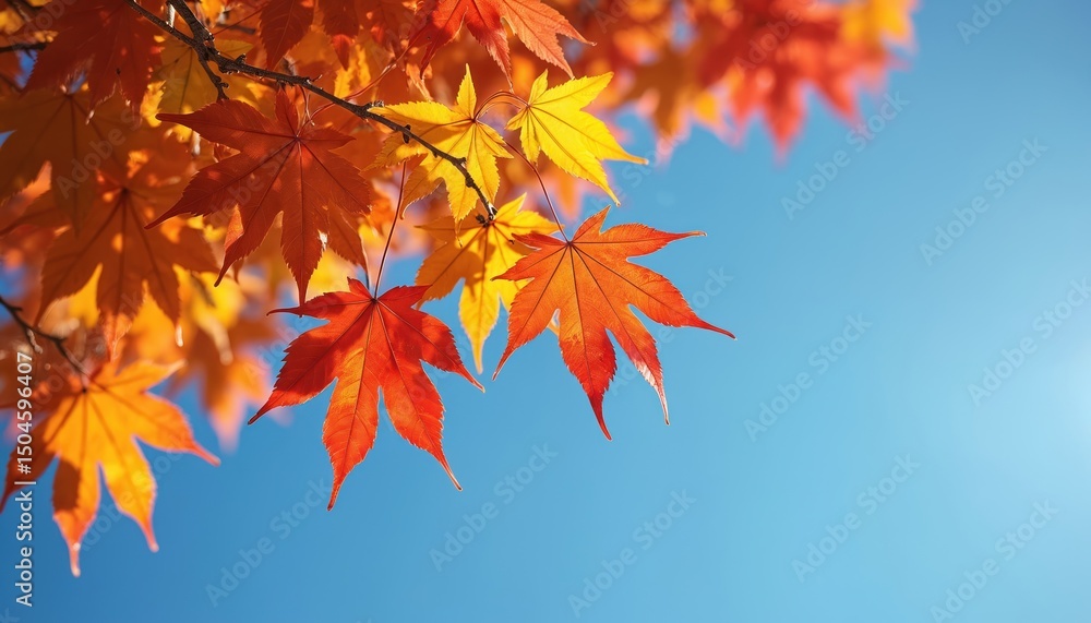 Vibrant autumn leaves, brilliant display red, orange, yellow against clear blue sky. Maple foliage branches. Scenic view natural beauty. Concept autumn season changing. Peaceful sunny day, seasonal