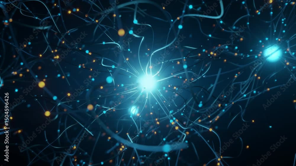 Glowing AI brain with complex neural connections, camera rotating around digital data network in 3D