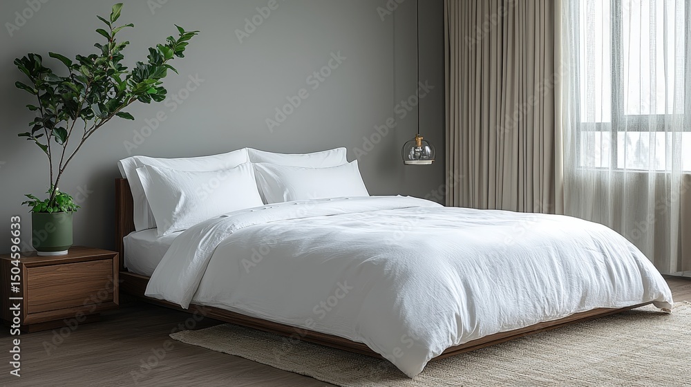 Obraz premium Modern minimalist bedroom with cozy white bedding and natural light