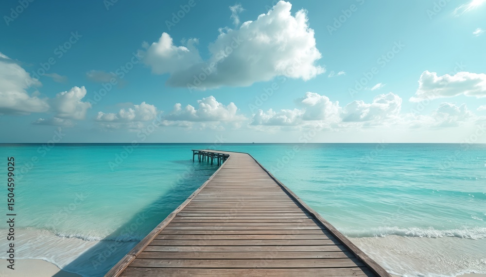 Obraz premium Wooden pier extends into turquoise ocean under blue sky with puffy clouds. Calm sea, white sand beach on shore. Travel, vacation, summer holiday vibes. Peaceful scene, perfect background.
