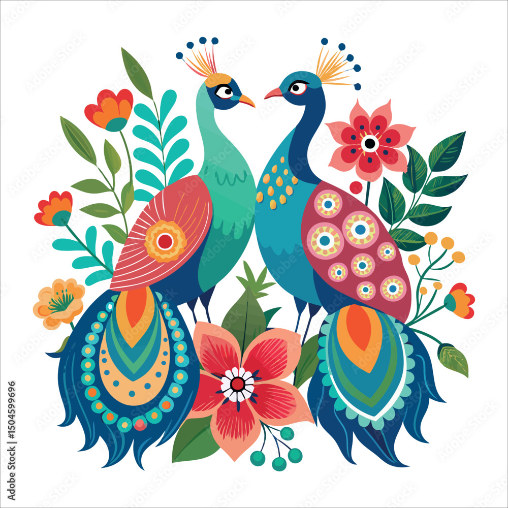 Floral bird art pattern with love birds on a tree branch, a vibrant spring nature illustration Floral bird art pattern with love birds on a tree branch, a vibrant spring nature illustration