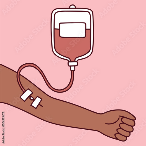 Medical illustration of an black arm with an IV line inserted and connected to a blood transfusion or saline drip. Represents hospital treatment, health care, or donation