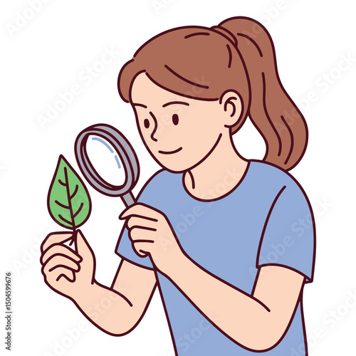 Girl holding magnifying glass and closely inspecting a leaf. Represents curiosity, science learning, environmental education or botany exploration in children