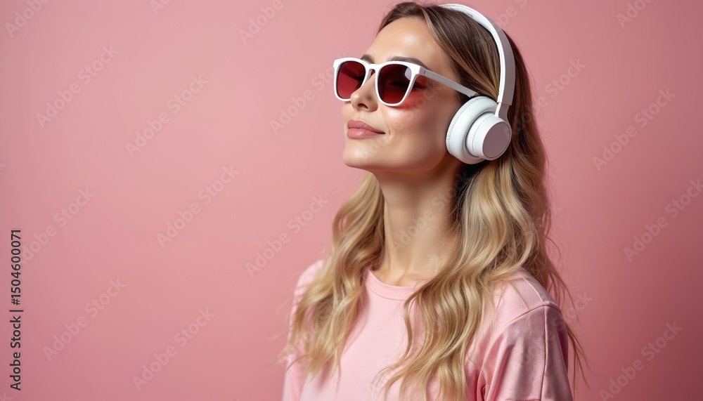 Monochromatic pink portrait woman blond hair wearing white headphones, sunglasses. Face tilted upwards in serene expression. Listening music, audio. Modern lifestyle tech, trendy fashion, beauty, Monochromatic pink portrait woman blond hair wearing white headphones, sunglasses. Face tilted upwards in serene expression. Listening music, audio. Modern lifestyle tech, trendy fashion, beauty,