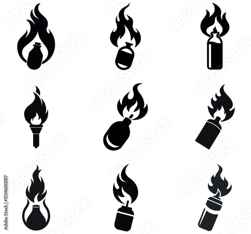 Flaming Torch and Molotov Cocktail Icons Set - Black Silhouette Vector Illustrations