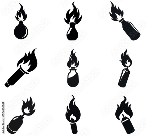 Flaming Torch and Molotov Cocktail Icons Set - Black Silhouette Vector Illustrations