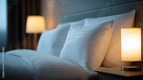 Cozy and neatly made hotel bed with soft lighting from bedside lamps creating a warm and inviting atmosphere.
