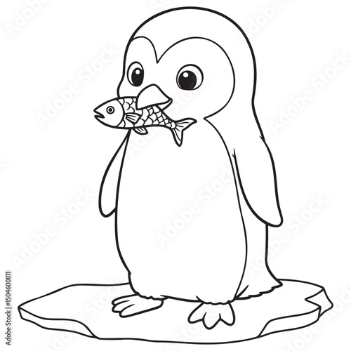 Penguin holding a fish coloring page for children's creativity and fun at the aquarium