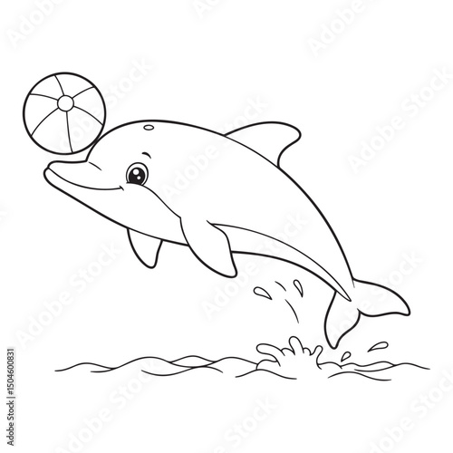 Dolphin coloring page with a ball and water splash for children's creativity and fun