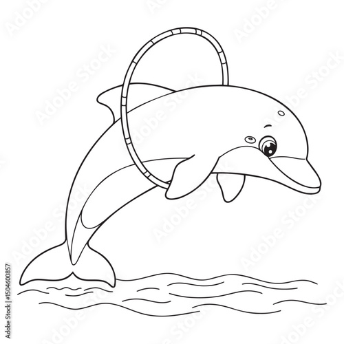 Dolphin jumping through a hoop coloring page for kids' fun and creativity at the aquarium