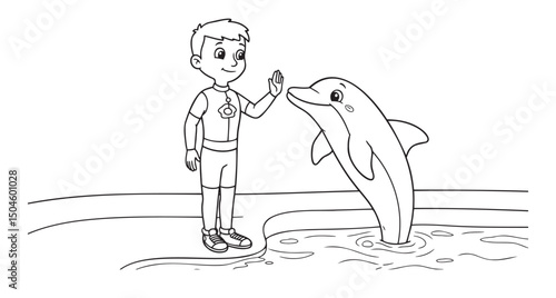 Child and dolphin coloring page interacting at aquarium for kids' creativity and enjoyment